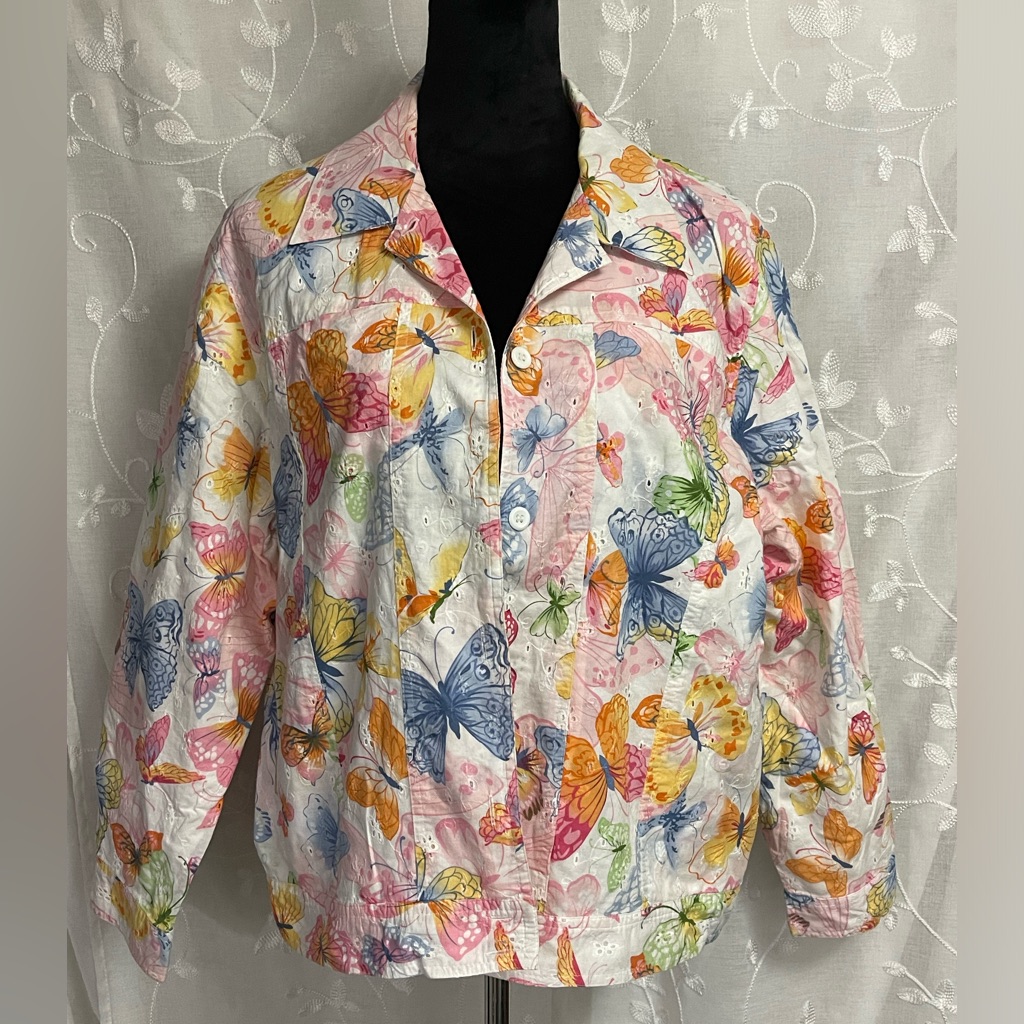 Alfred Dunner Eyelet Butterfly Lined Button Front Long Sleeve Jacket Xl 16p Euc